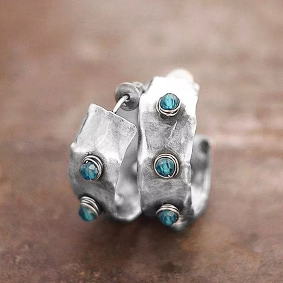 Bohemian Minimalist Geometric Turquoise Stone Hoop Earrings NWT - Picture 2 of 5